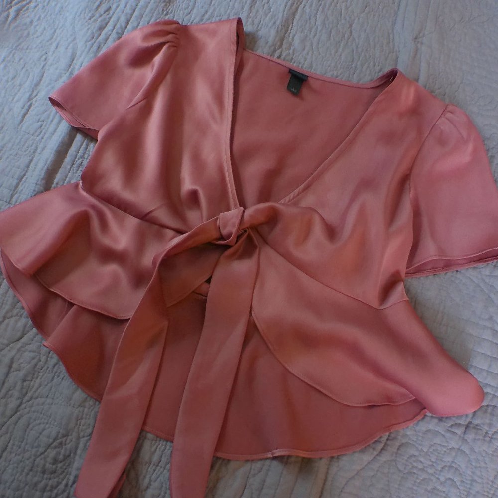 Satin Pink Peplum Crop Top Low Cut with Tie